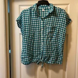 Green gingham print blouse